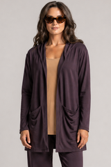 PAULA RYAN Hooded Cardigan with Pockets - Merino Cocoa Plum