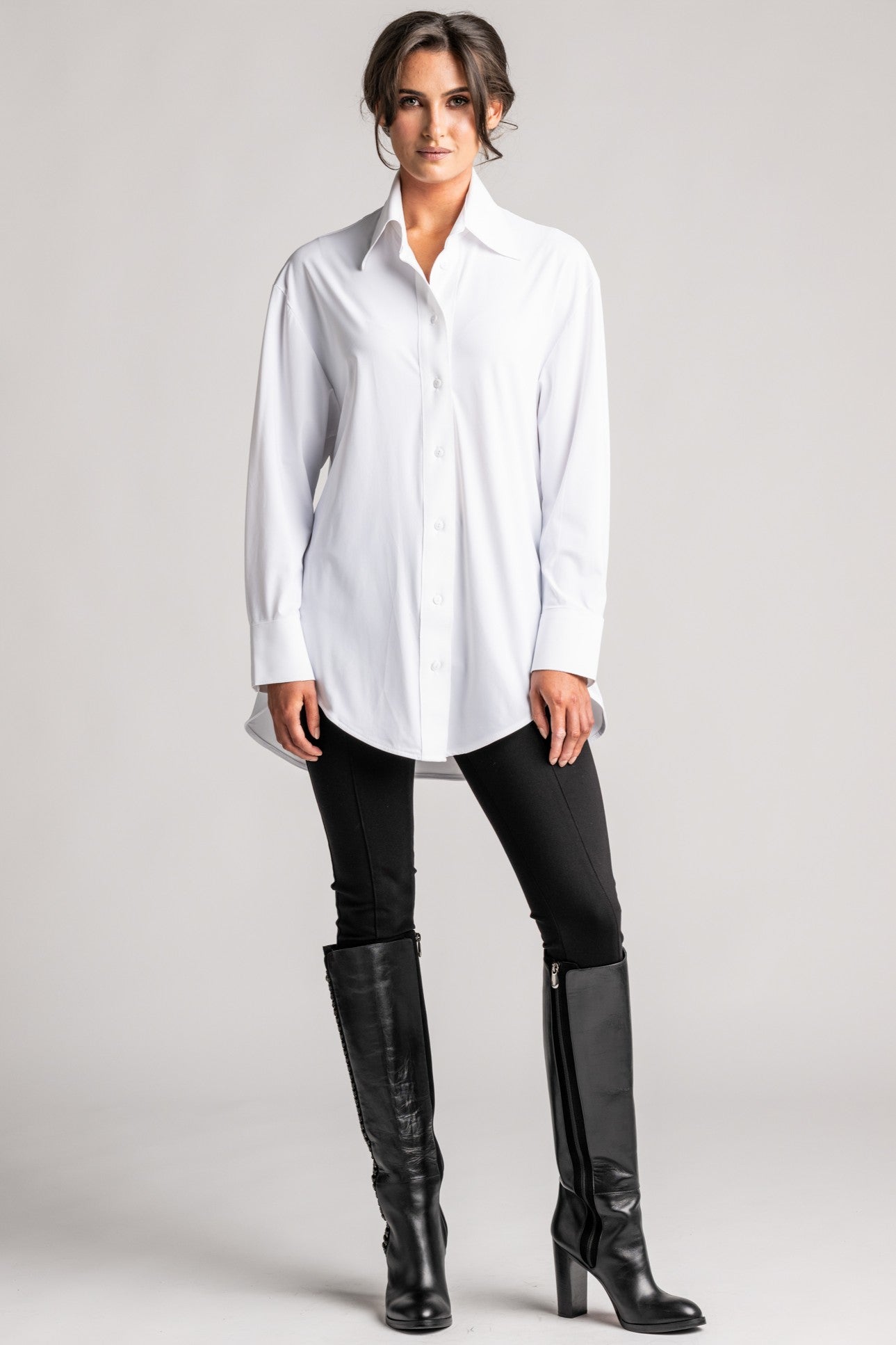PAULA RYAN High Collar Boyfriend Shirt - Microjersey White - Paula Ryan