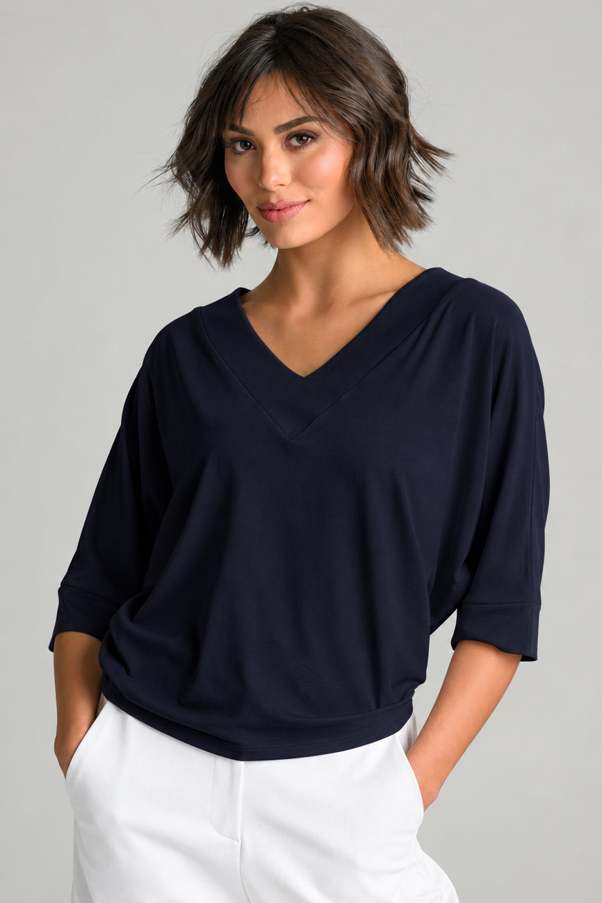 PAULA RYAN V Neck Cloud Top - Navy EcoVero