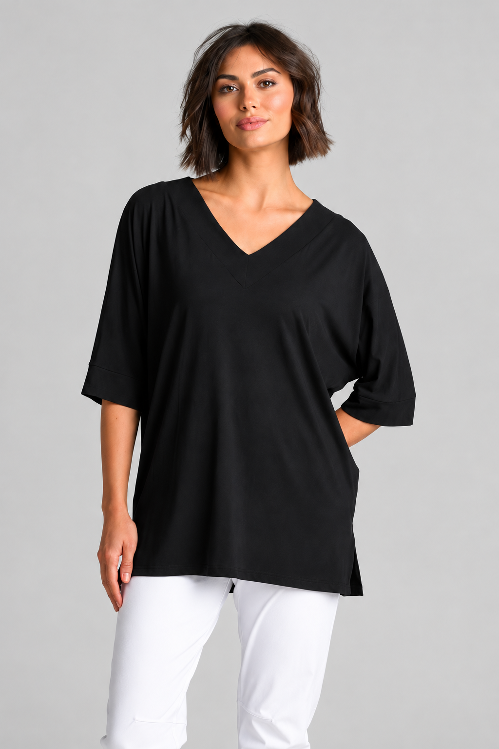 Paula Ryan B1031 Long V Neck Relaxed Top in Black, closer view 2