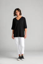 Paula Ryan B1031 Long V Neck Relaxed Top in Black, full length