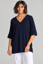 Paula Ryan B1031 Long V Neck Relaxed Top in Navy, closer view 1