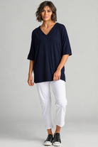 Paula Ryan B1031 Long V Neck Relaxed Top in Navy, full length
