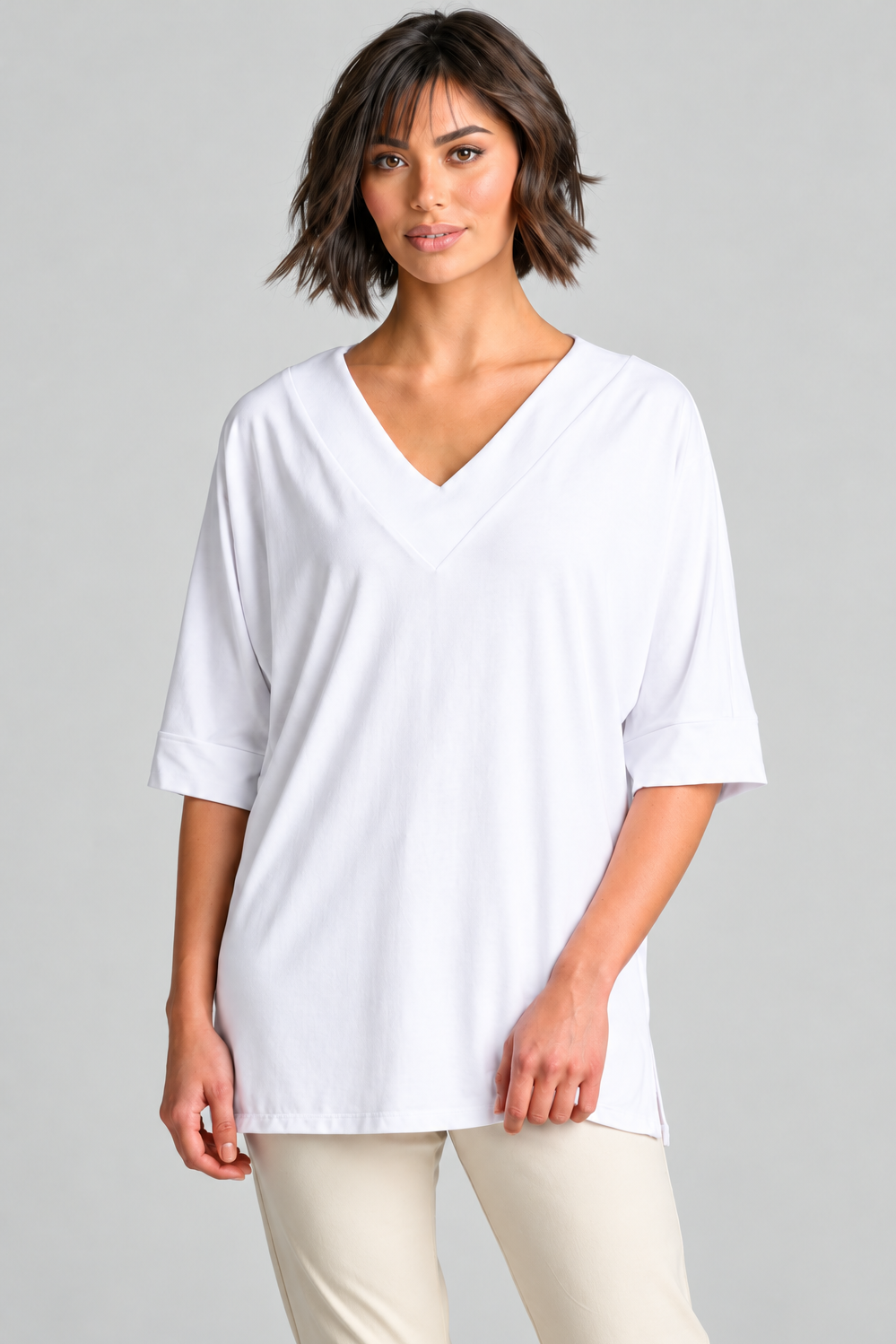 PAULA RYAN Long V Neck Relax Top - White EcoVero