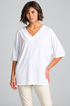 Paula Ryan B1031 Long V Neck Relaxed Top in White, closer view 2