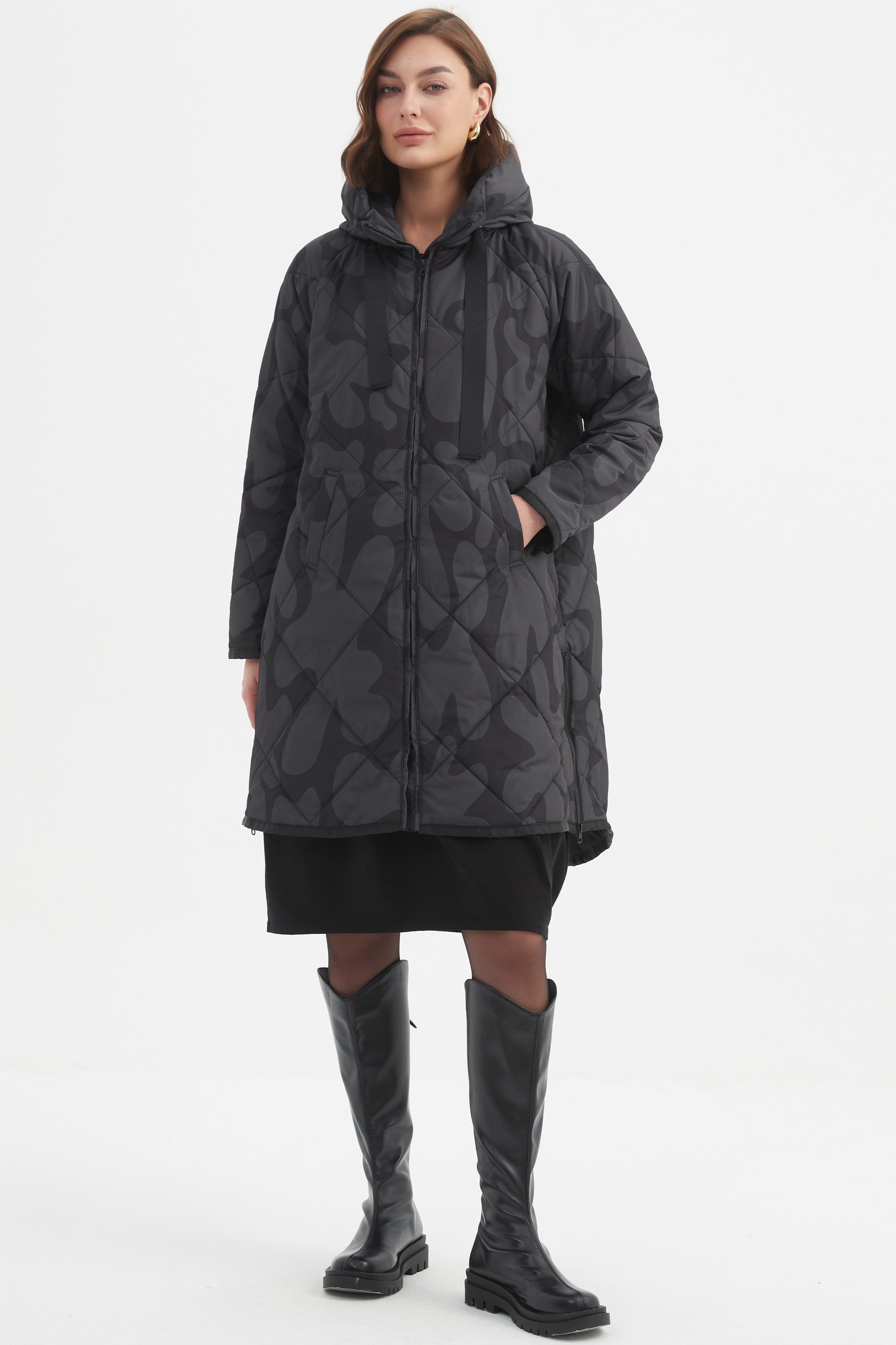 TIRELLI Print Zip Hem Winter Coat - Charcoal/Black Blot Print - Magpie Style
