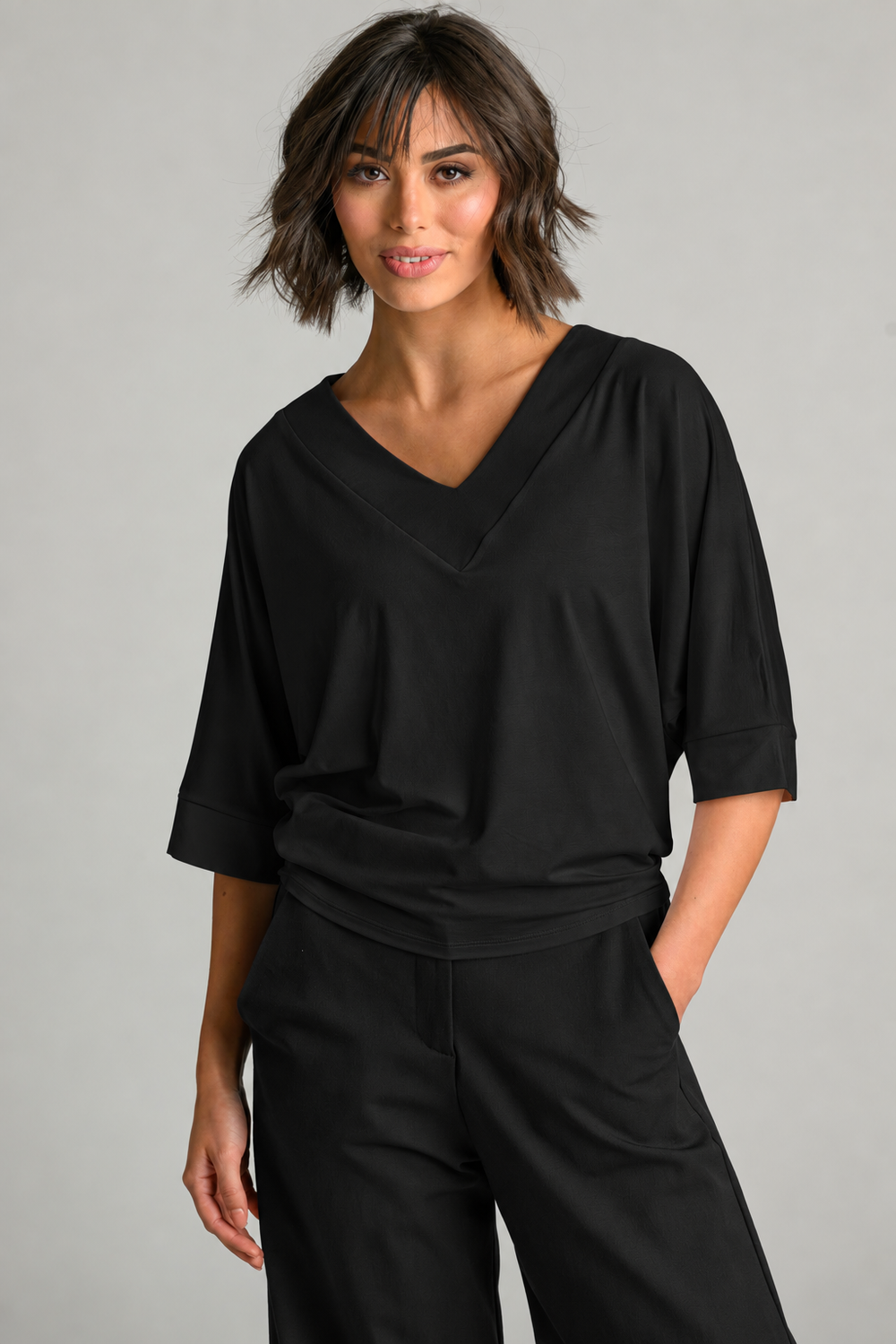 PAULA RYAN V Neck Cloud Top - Black EcoVero