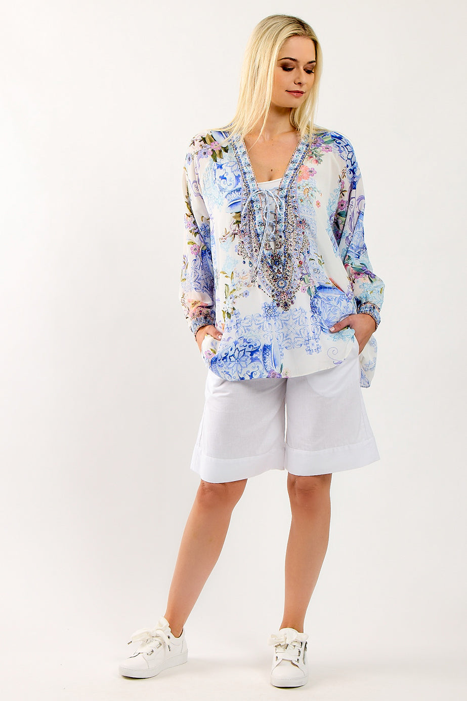 CAMILLA - Lace Up Blouse Paint Me Positano - Magpie Style