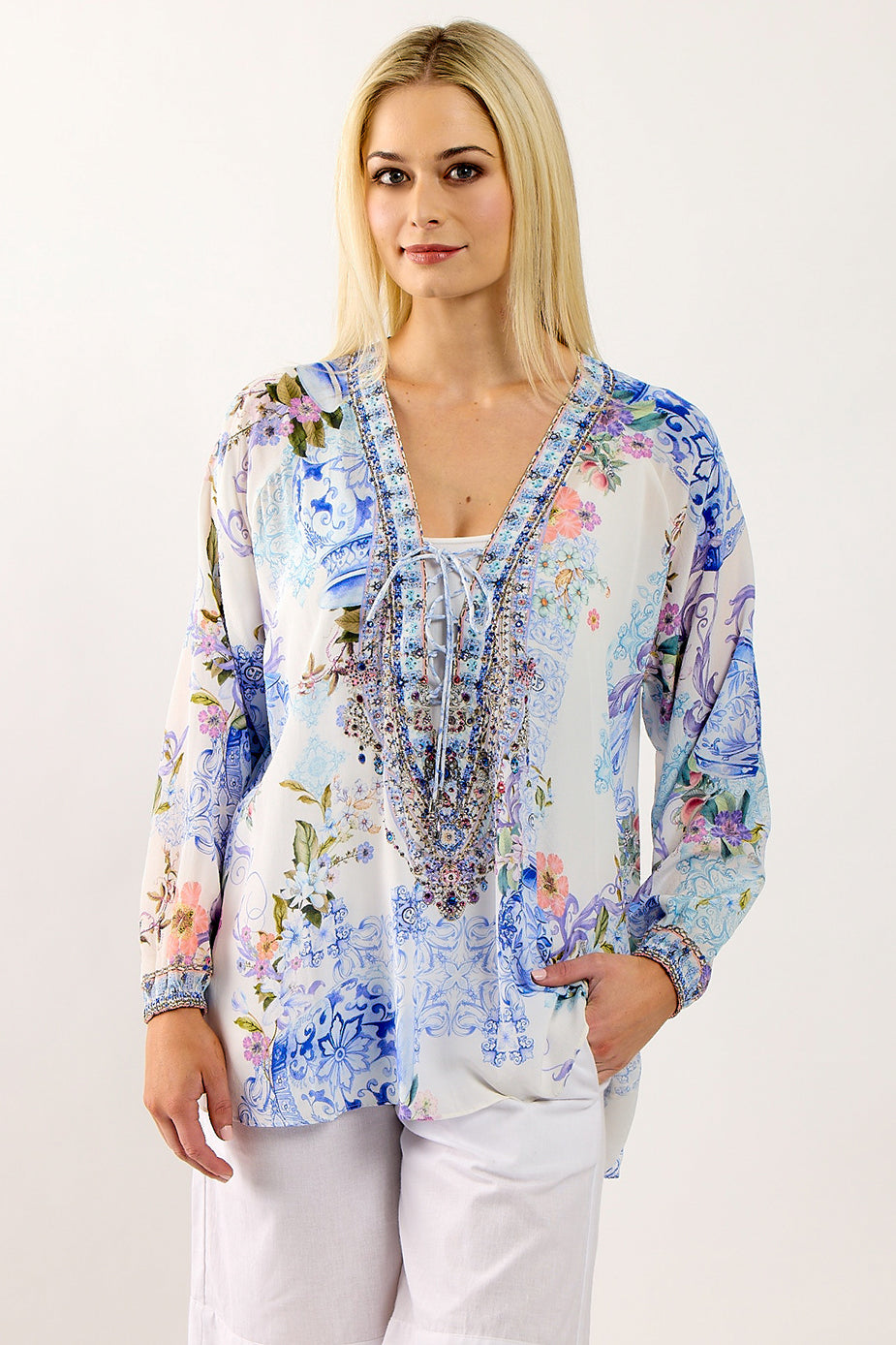CAMILLA - Lace Up Blouse Paint Me Positano - Magpie Style