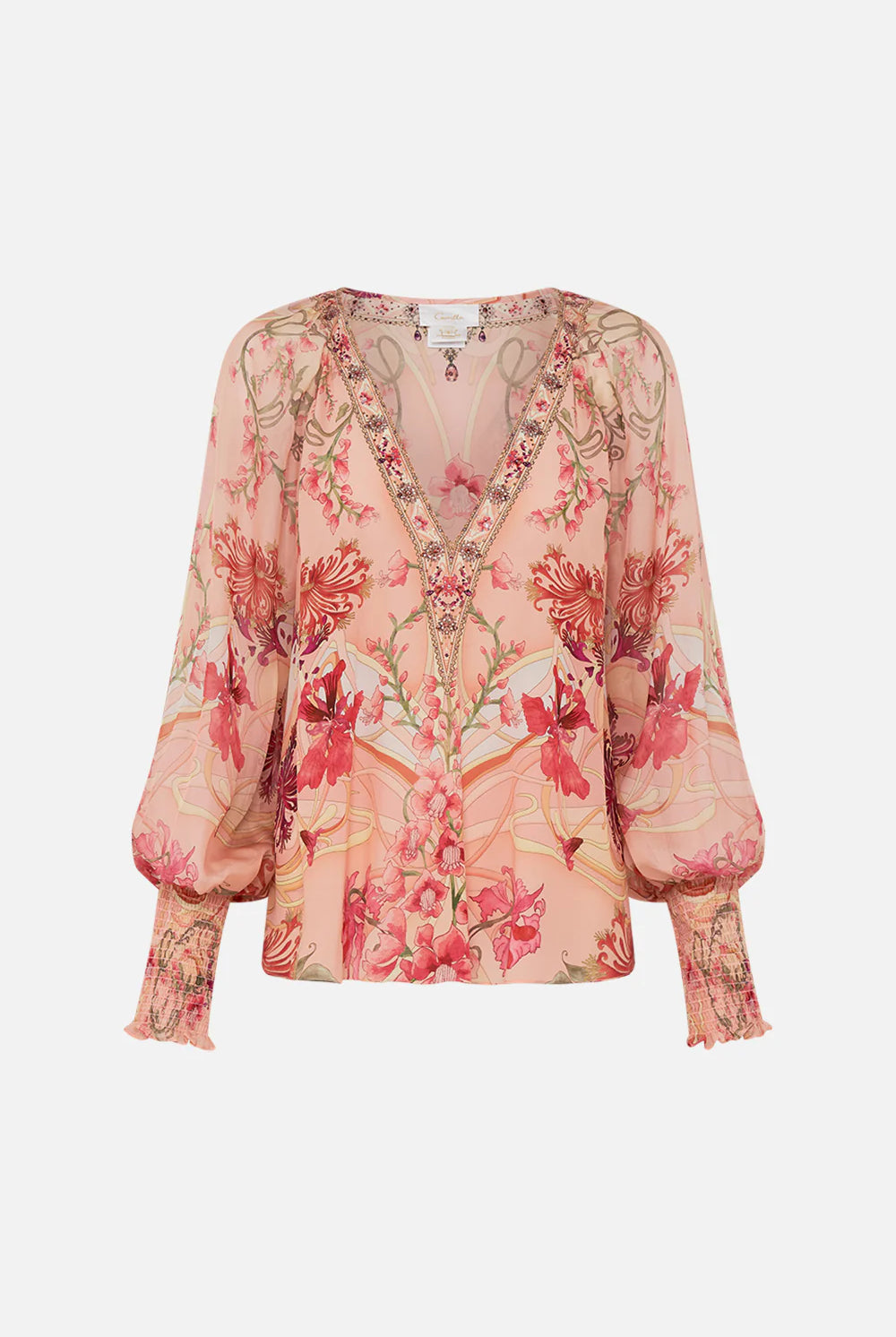 CAMILLA - Shirred Cuff Blouse Blossoms and Brushstrokes - Magpie Style