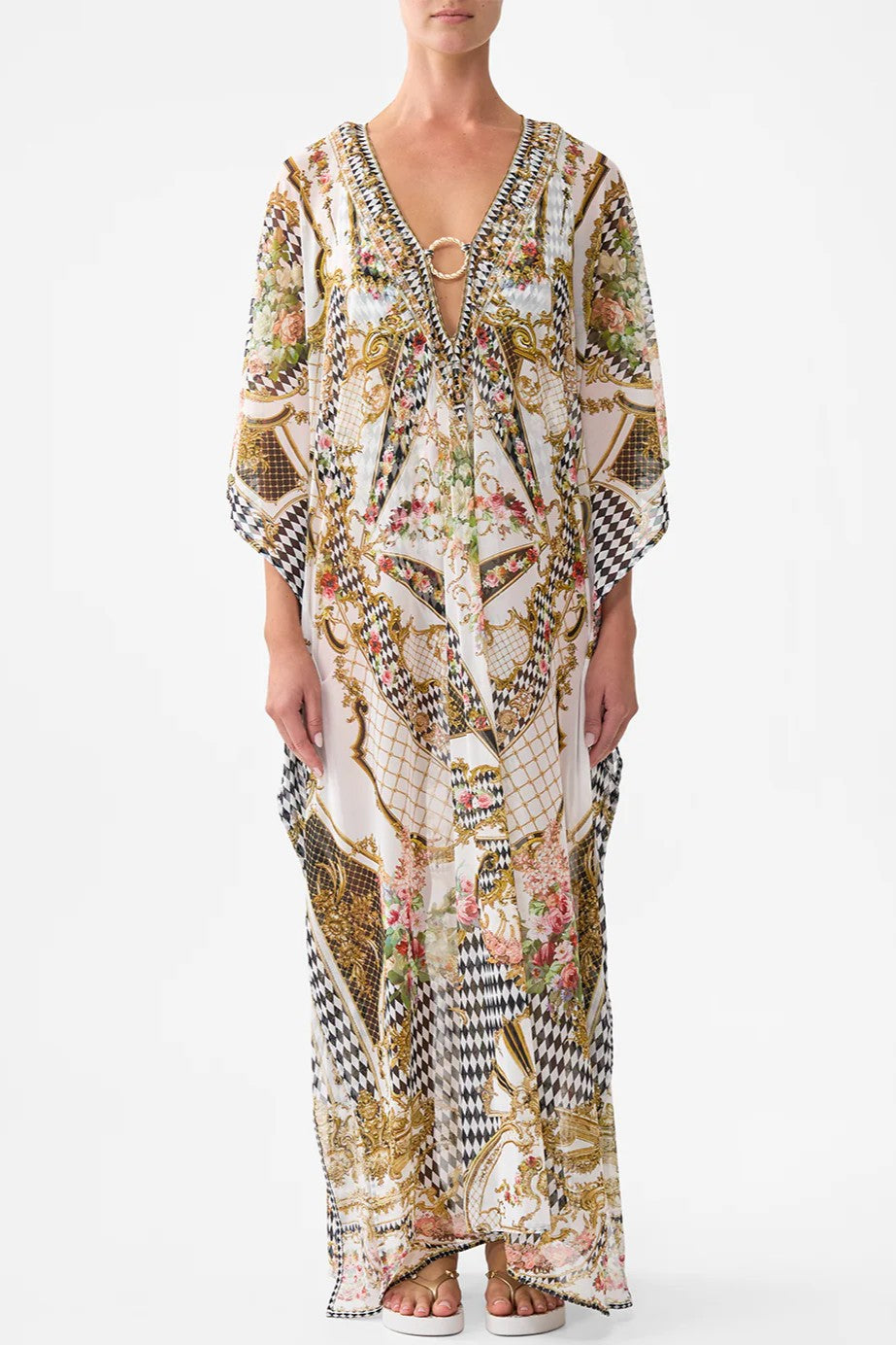 CAMILLA Long V Neck Kaftan with Ring Front Trim