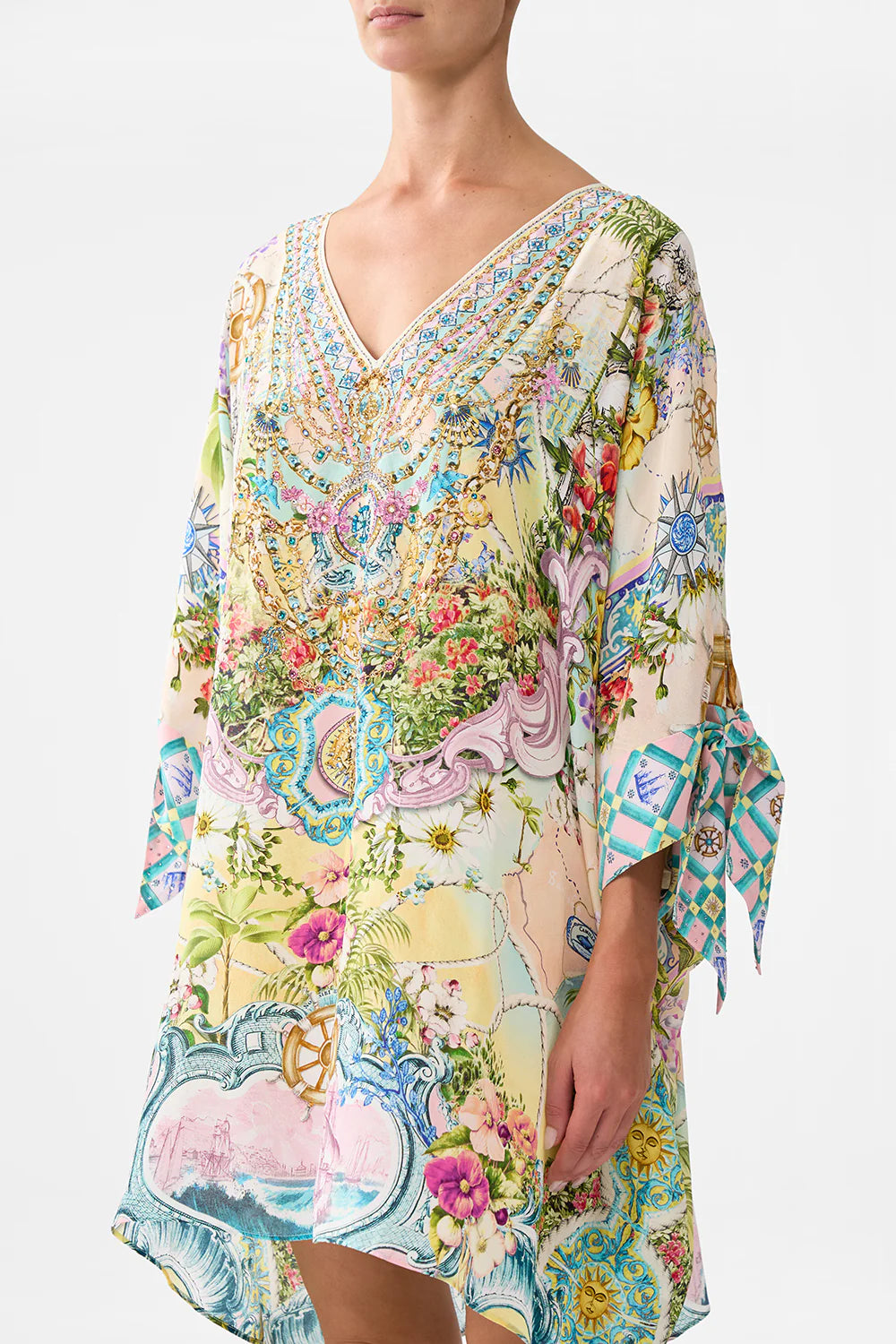 CAMILLA Tie Sleeve Short V Neck Kaftan - Just Coasting - Magpie Style
