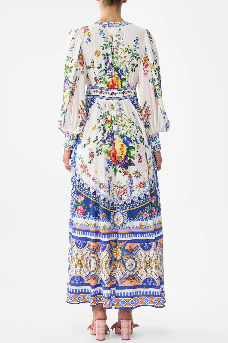 CAMILLA Shaped Waistband Dress with Gathered Sleeves - Tiles Darls - Magpie Style