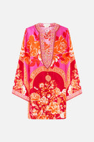CAMILLA Deep V Neck Hardwire Short Kaftan - Tiles of Turkiye - Magpie Style