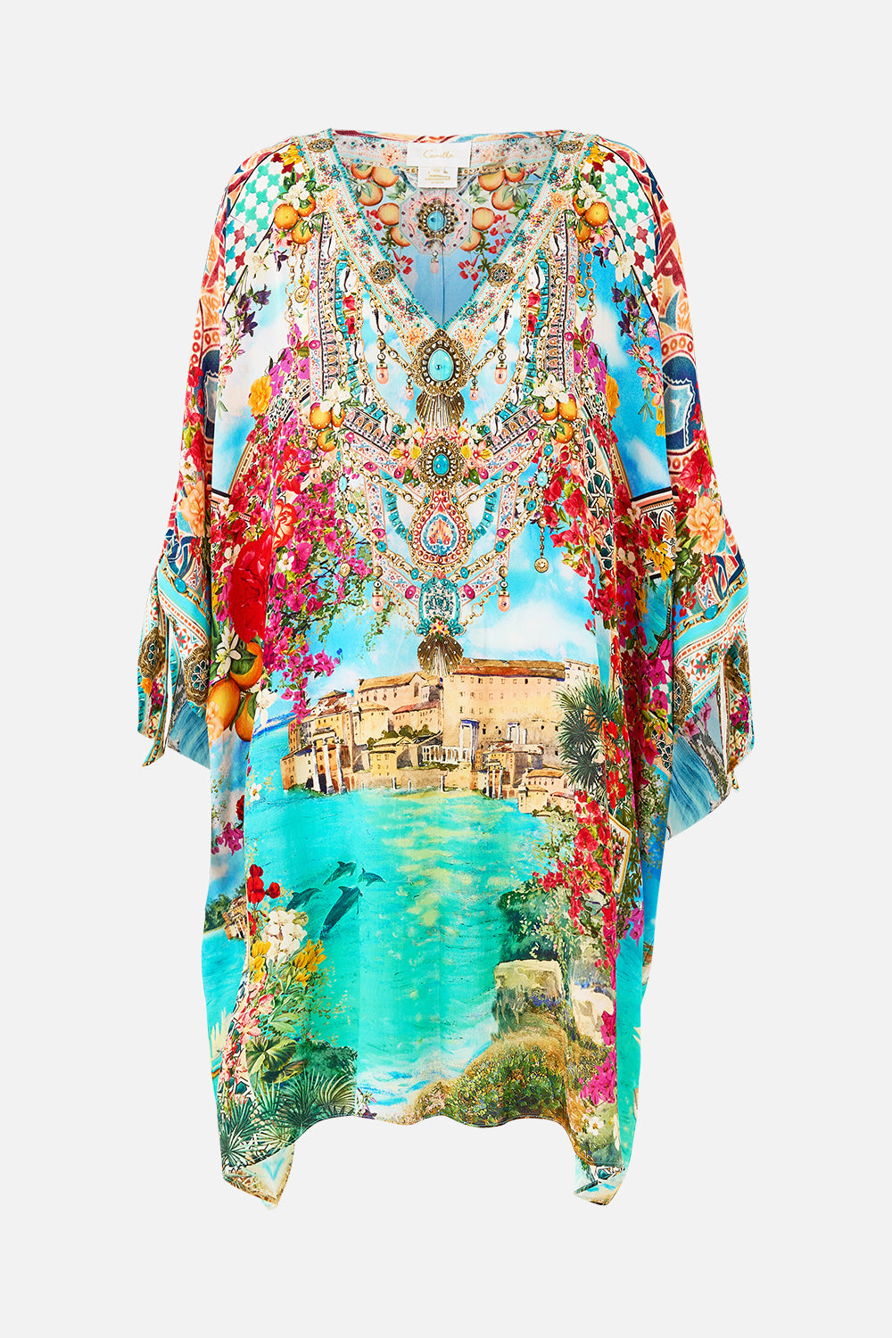 CAMILLA Tie Sleeve Short V Neck Kaftan - Meet Me In Mallorca - Magpie Style