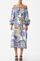 CAMILLA Off Shoulder Midi Dres with Frill Sleeve - Espana Nirvana - Magpie Style