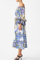 CAMILLA Off Shoulder Midi Dres with Frill Sleeve - Espana Nirvana - Magpie Style
