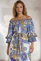 CAMILLA Off Shoulder Midi Dres with Frill Sleeve - Espana Nirvana - Magpie Style