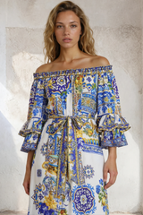 CAMILLA Off Shoulder Midi Dres with Frill Sleeve - Espana Nirvana