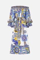 CAMILLA Off Shoulder Midi Dres with Frill Sleeve - Espana Nirvana - Magpie Style