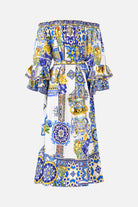 CAMILLA Off Shoulder Midi Dres with Frill Sleeve - Espana Nirvana - Magpie Style