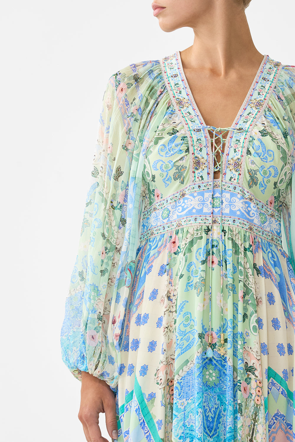 CAMILLA Lace Up Front Long Dress - Midsummer Mosaics - Magpie Style