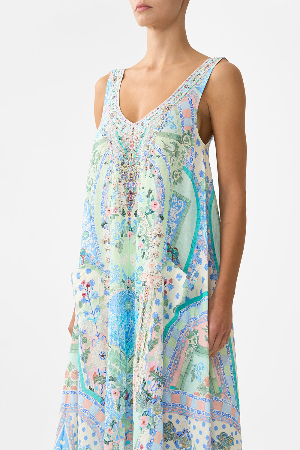 CAMILLA V Neck Pocket Dress with Low Back - Midsummer Mosaics - Magpie Style