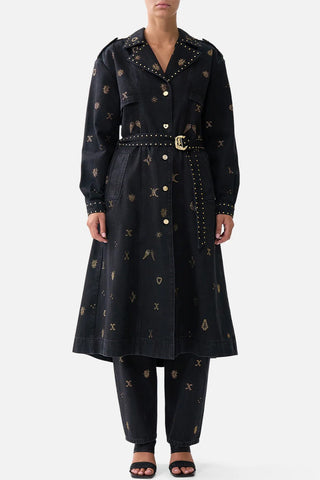 CAMILLA Heirloom Empire Longline Belted Trench Coat - Denim (Size Medium).