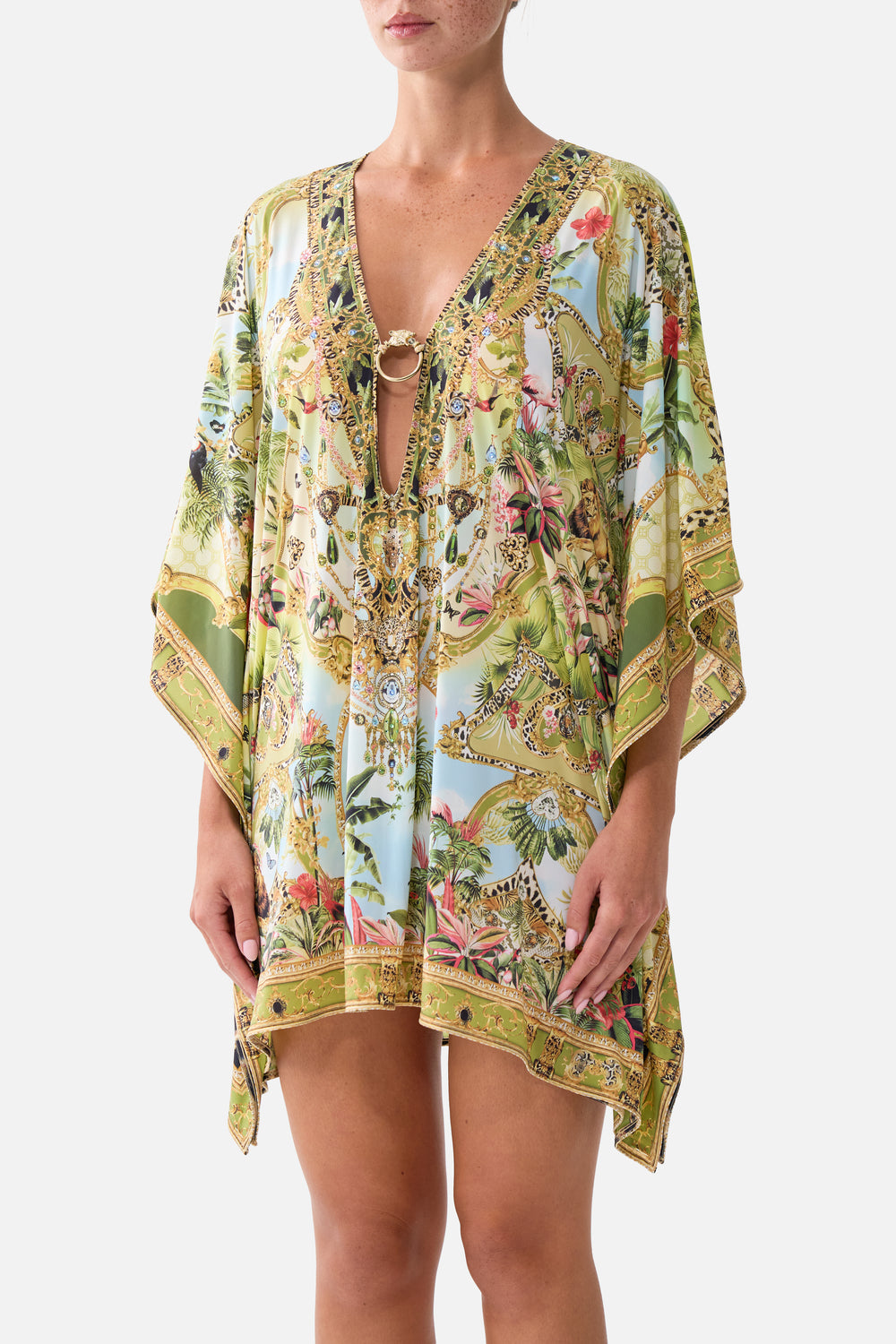 CAMILLA Short V Neck Kaftan with Ring Front Trim - Wanderlust Empire