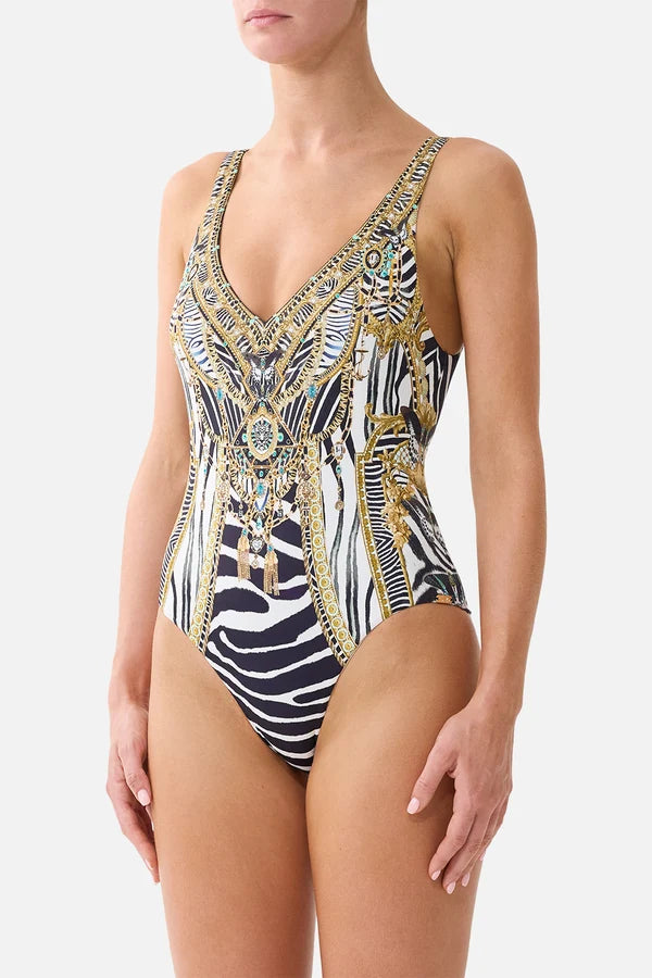 CAMILLA V Neck One Piece With V Back - Zig Zag Zoo - Magpie Style