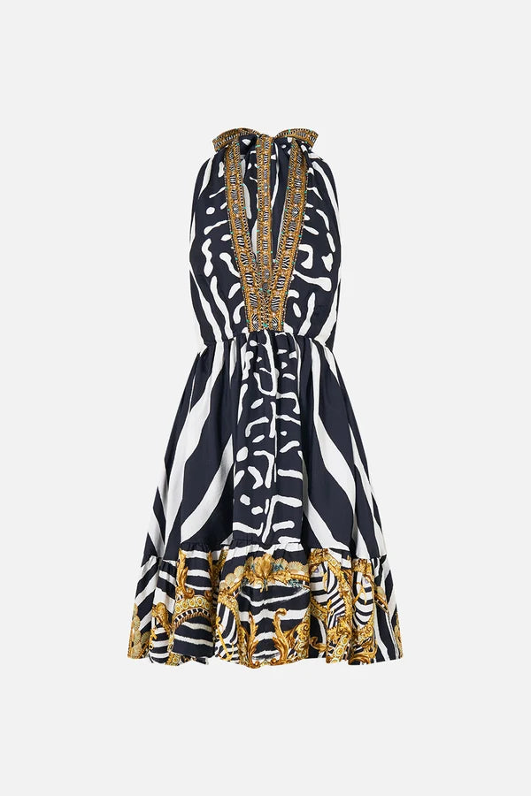 CAMILLA Ruffle Hem Halter Short Dress - Zig Zag Zoo - Magpie Style