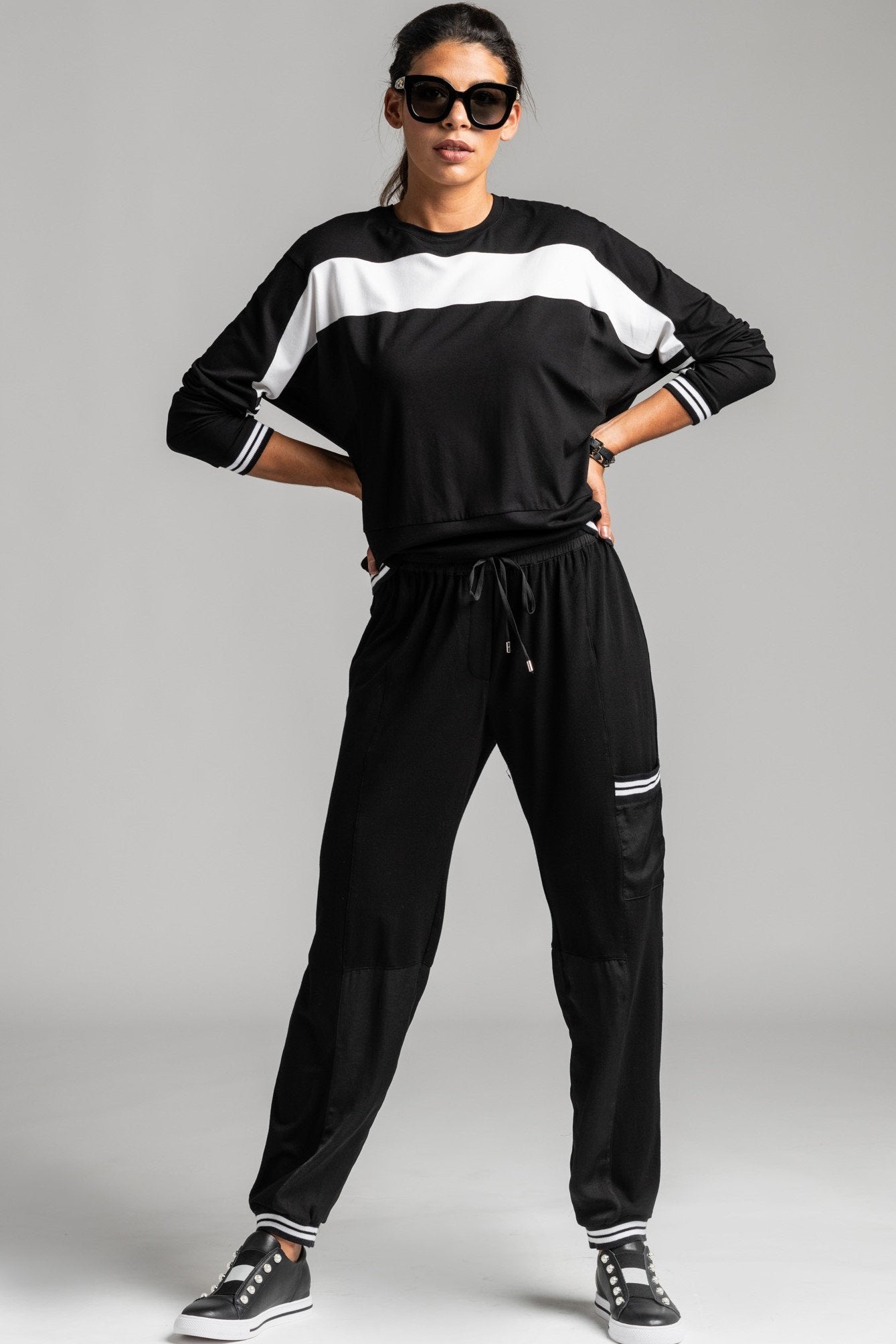 PAULA RYAN RELAXED Panelled Cargo Pant - Viscose Jersey - Black/White - Paula Ryan