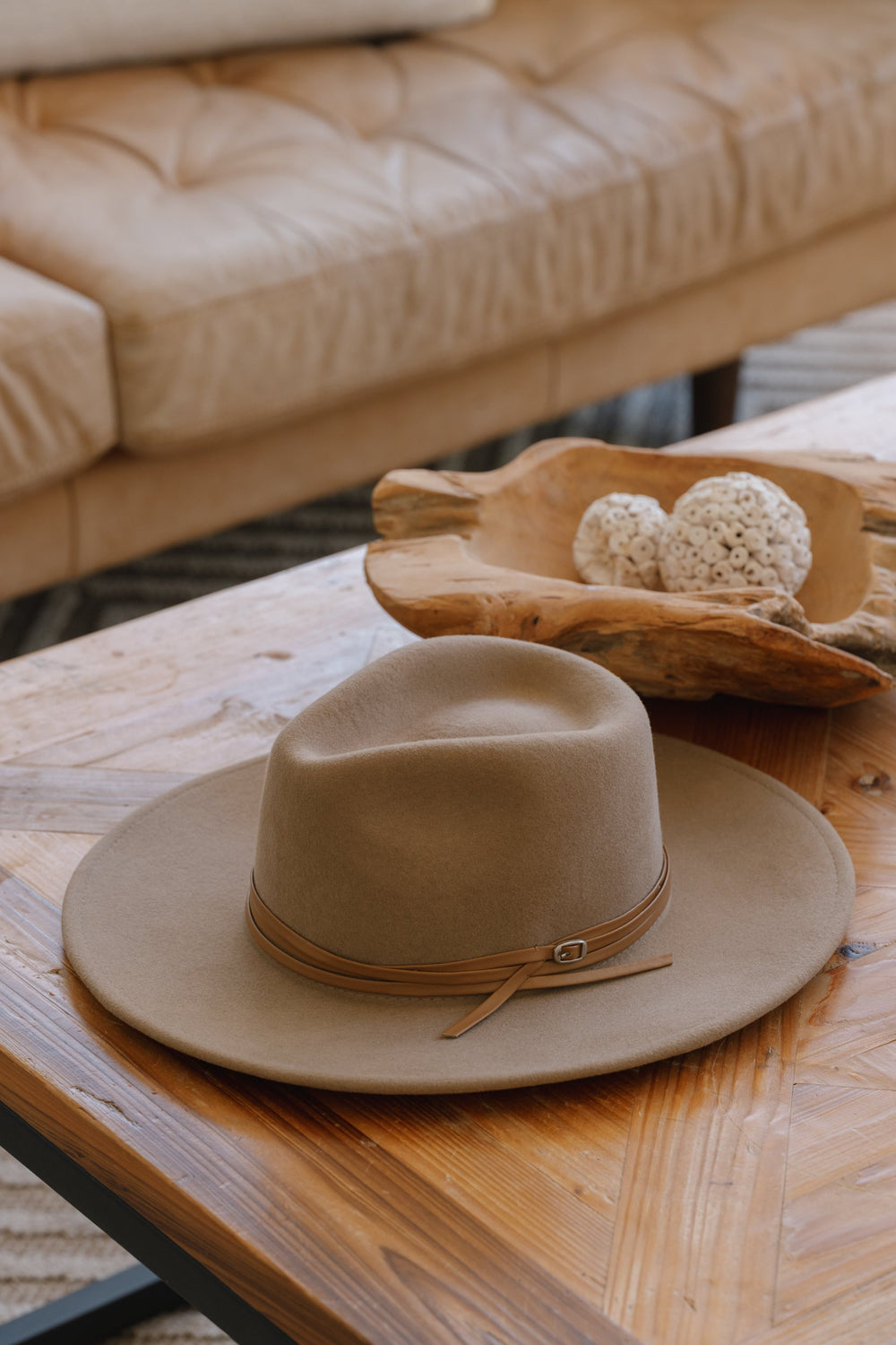 SUNDAISE - Tessa Wool Panama Hat - Stacked Trim Taupe