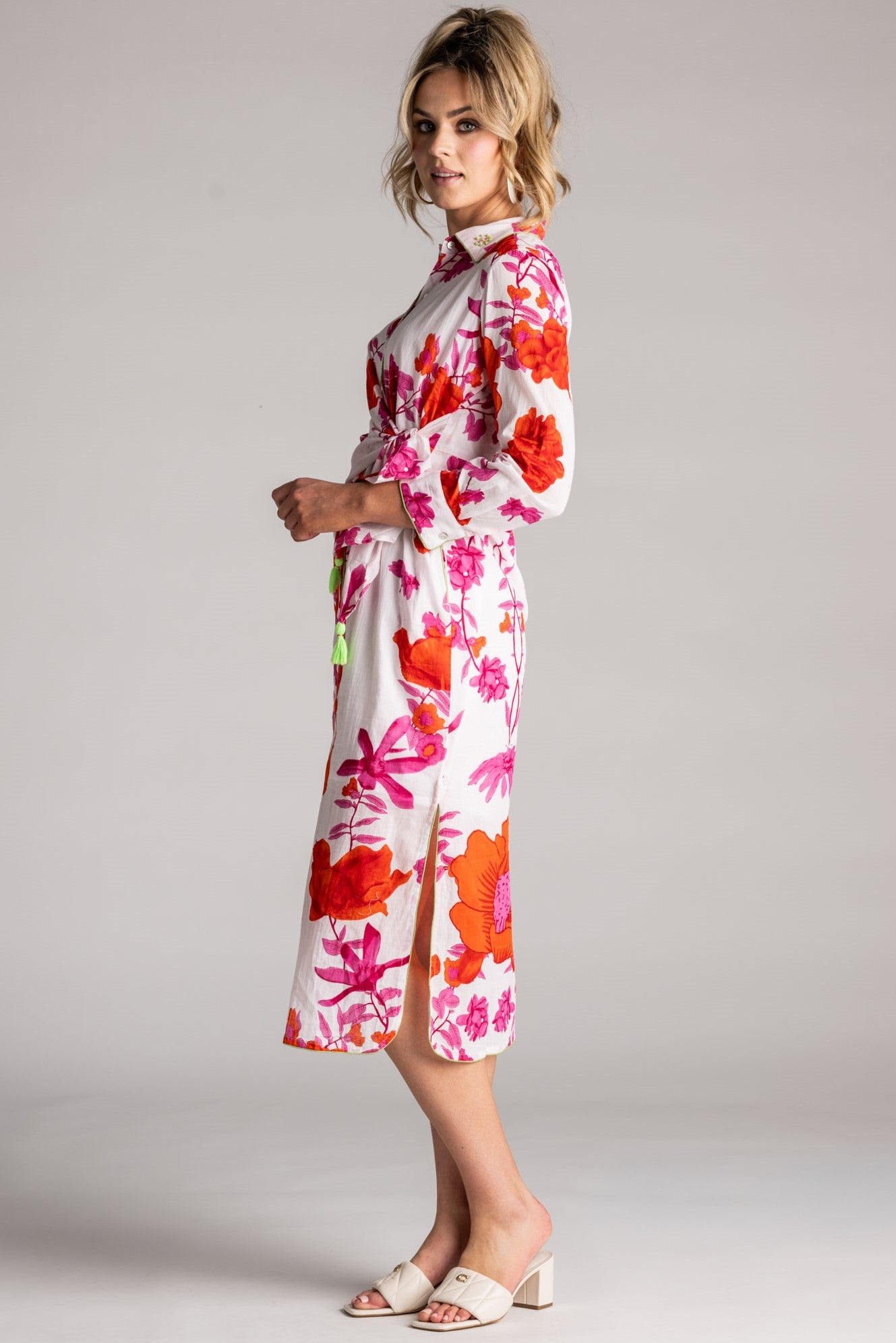 PLACE DU SOLEIL Pink Flower Dress with Sleeves - White Multi - Magpie Style