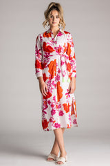 PLACE DU SOLEIL Pink Flower Dress with Sleeves - White Multi