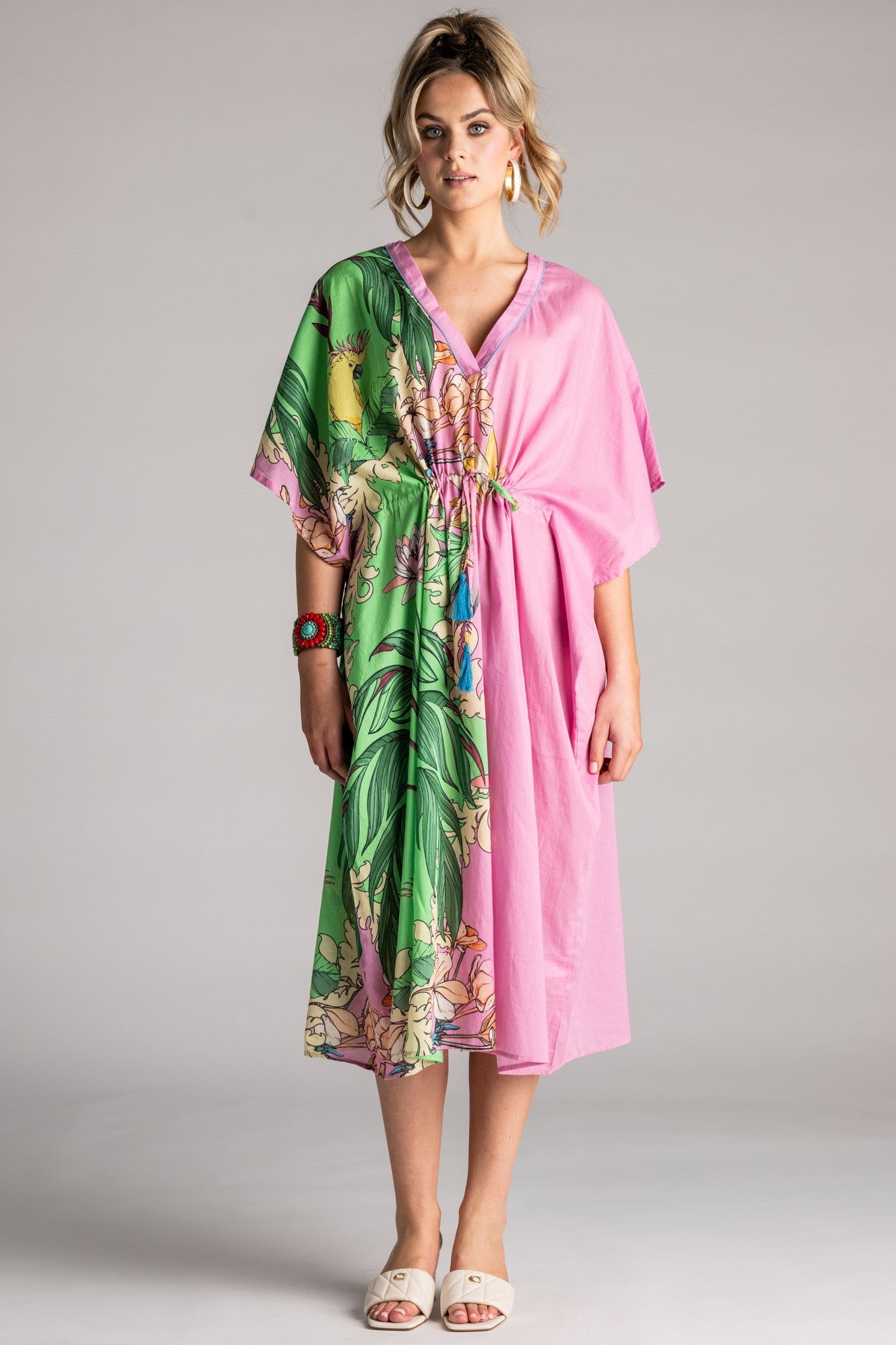 PLACE DU SOLEIL Green Birds Kaftan - Pink - Magpie Style