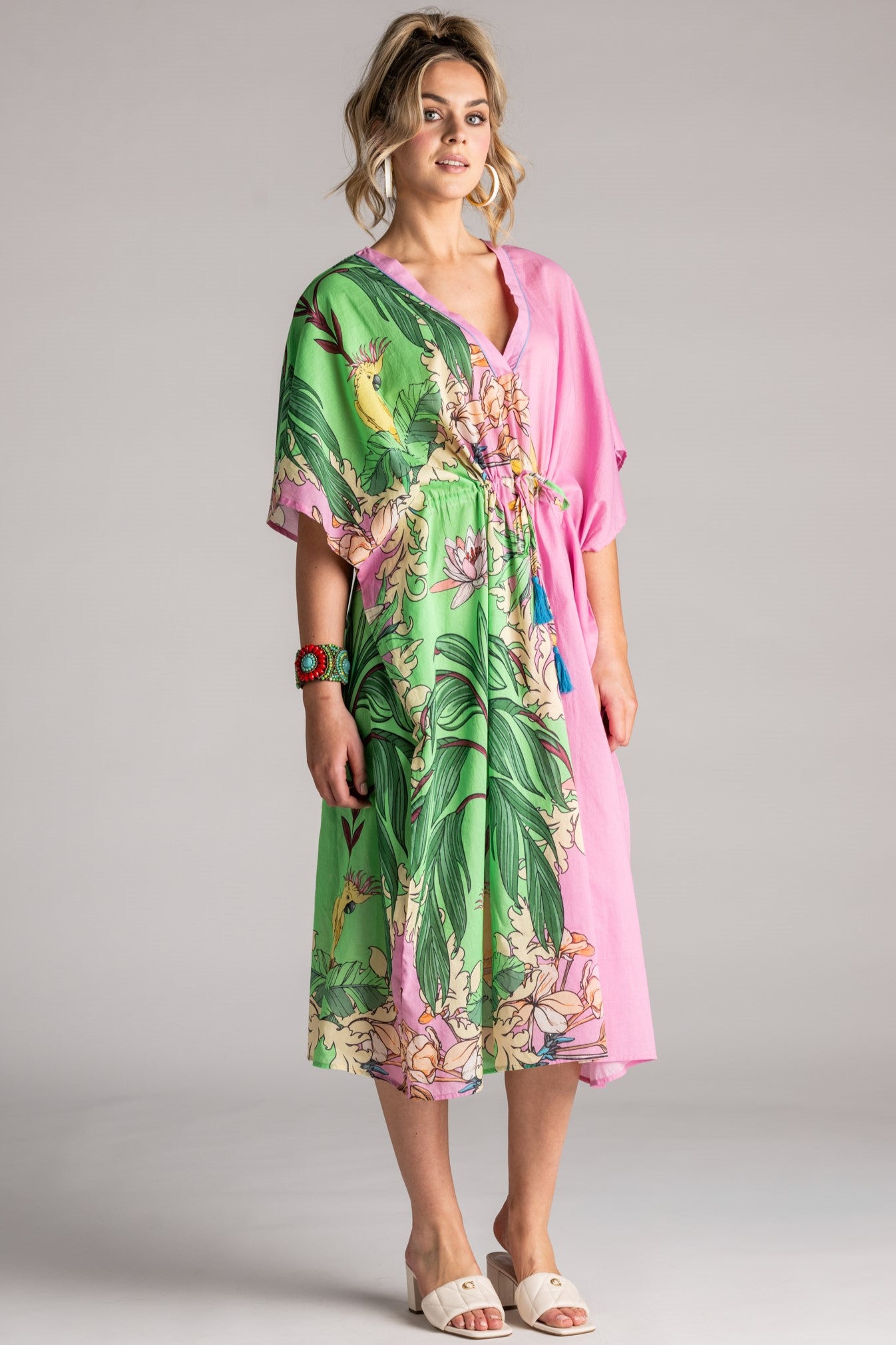 PLACE DU SOLEIL Green Birds Kaftan - Pink - Magpie Style