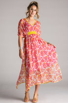 PLACE DU SOLEIL Rosa Flower Chiffon Dress - Pink/Yellow - Magpie Style