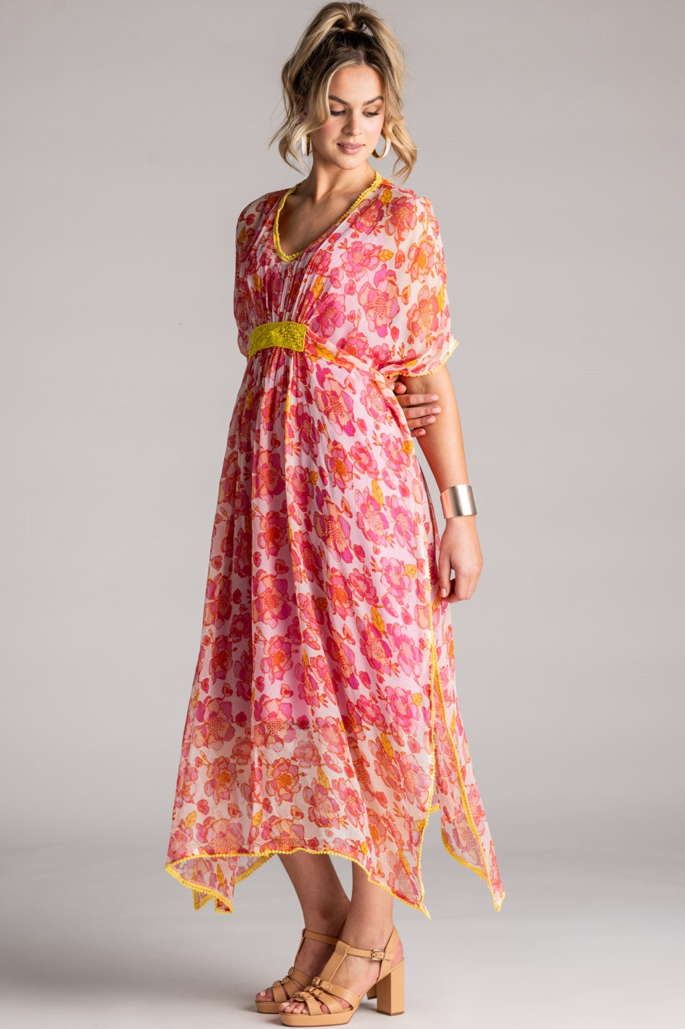 PLACE DU SOLEIL Rosa Flower Chiffon Dress - Pink/Yellow - Magpie Style