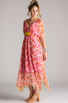 PLACE DU SOLEIL Rosa Flower Chiffon Dress - Pink/Yellow - Magpie Style