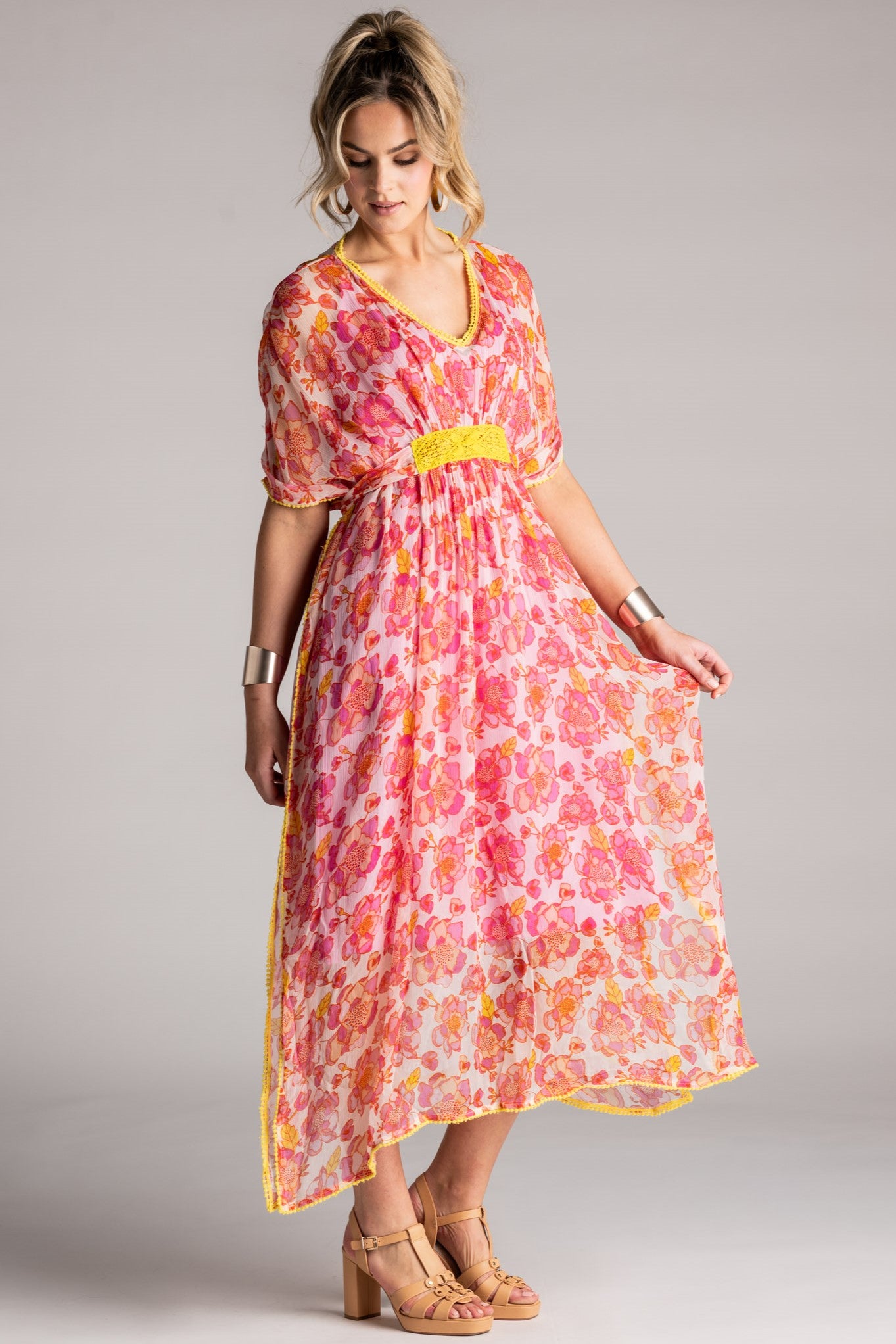 PLACE DU SOLEIL Rosa Flower Chiffon Dress - Pink/Yellow - Magpie Style