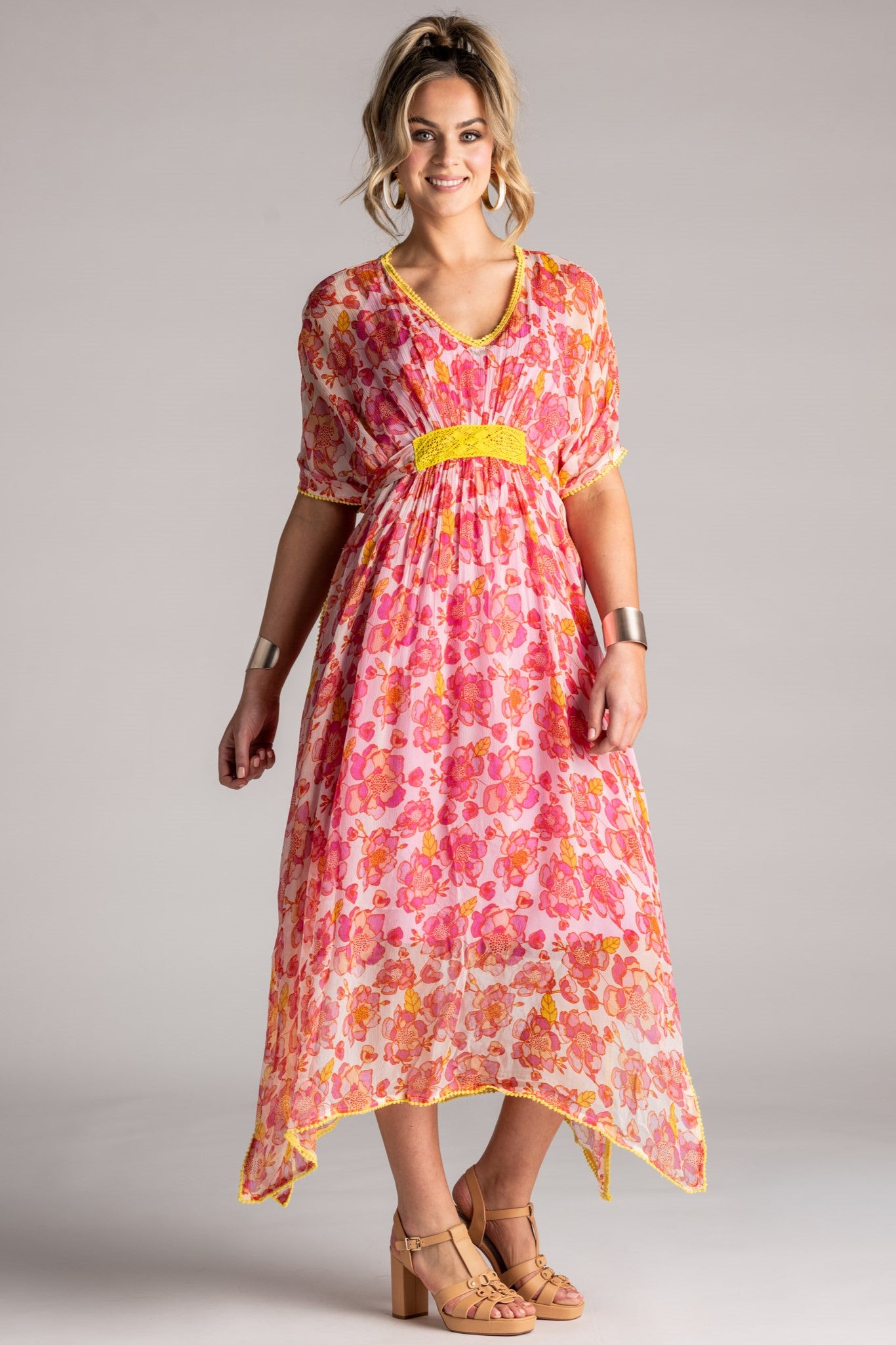 PLACE DU SOLEIL Rosa Flower Chiffon Dress - Pink/Yellow - Magpie Style