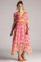 PLACE DU SOLEIL Rosa Flower Chiffon Dress - Pink/Yellow - Magpie Style