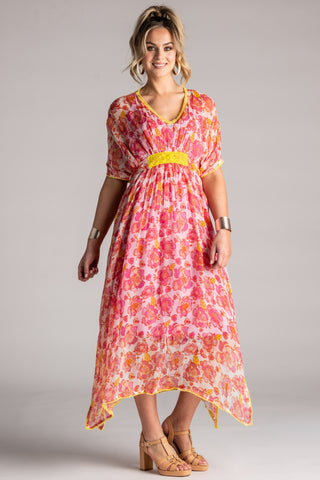 PLACE DU SOLEIL Rosa Flower Chiffon Dress - Pink/Yellow