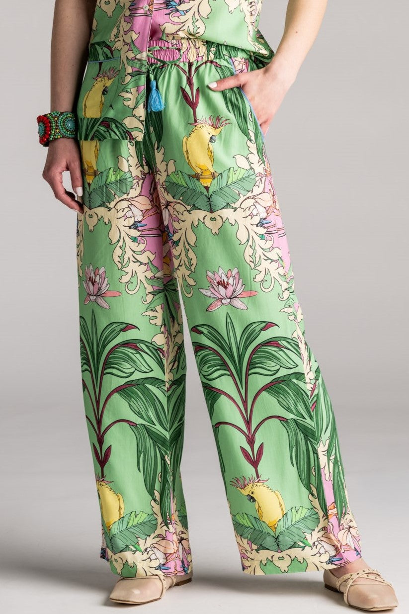 PLACE DU SOLEIL Green Birds Pant - Green Multi - Magpie Style