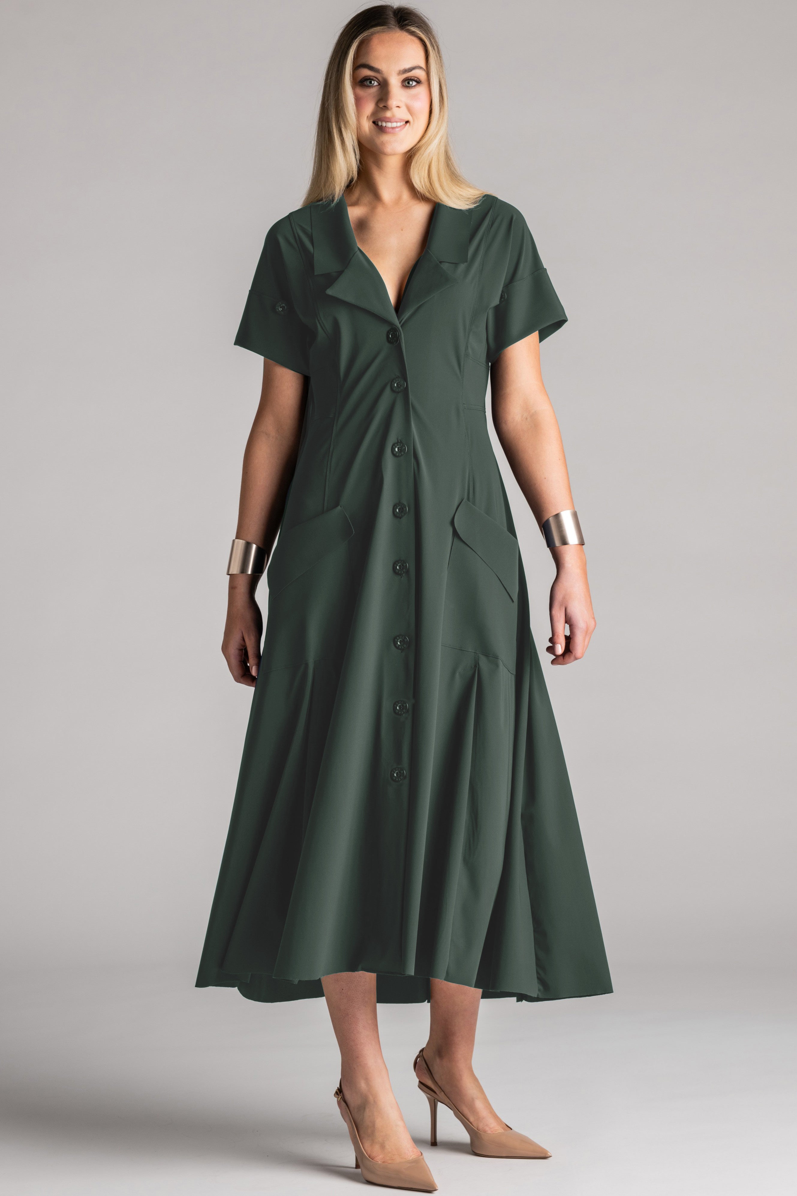 PAULA RYAN Long Cuffed Shirt Dress Microjersey - Khaki - Paula Ryan