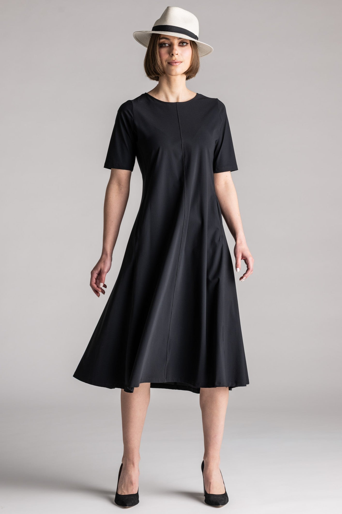 PAULA RYAN Crew Neck Swing Dress Microjersey - Black - Paula Ryan