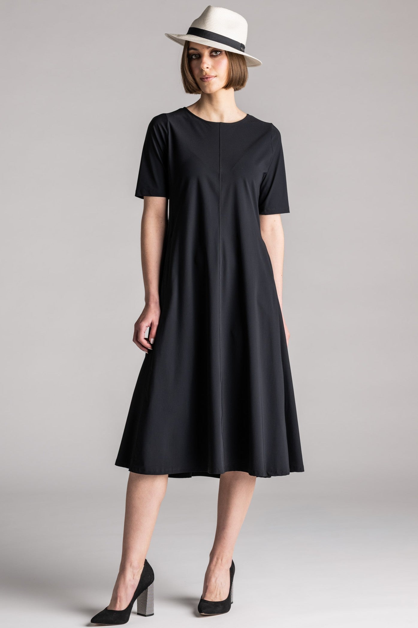 PAULA RYAN Crew Neck Swing Dress Microjersey - Black - Paula Ryan