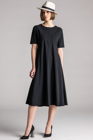 PAULA RYAN Crew Neck Swing Dress Microjersey - Black