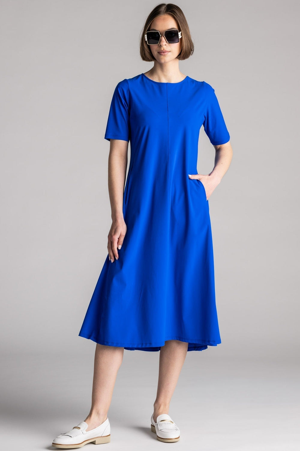 PAULA RYAN Crew Neck Swing Dress Microjersey - Greek Blue